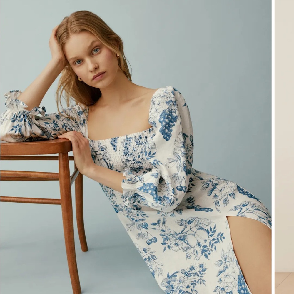 Reformation Gitane Blue and White floral midi dress linen